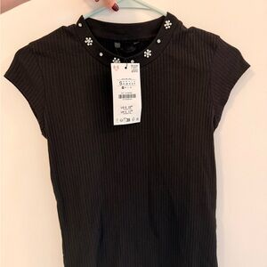 Zara Black Ribbed Tee with Pearl Detail